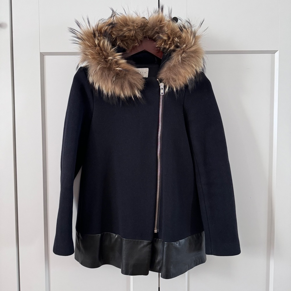 Sandro Black Cape with Faux Fur Trim and Quilted Texture